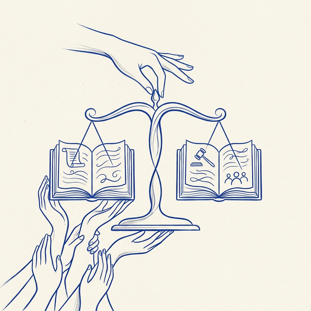 Editorial hand-drawn illustration representing justice, scales, books, and community support